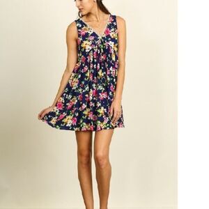 Umgee Dress Summer Sleeveless Blue Floral Lace Trim V Neck Empire Bodice S